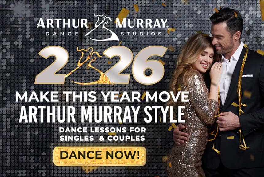 Arthur Murray Dance Lessons Singles and Couples 2026 Arthur Murray Dance Studios New Year 2026 banner offering ballroom dance lessons for singles and couples